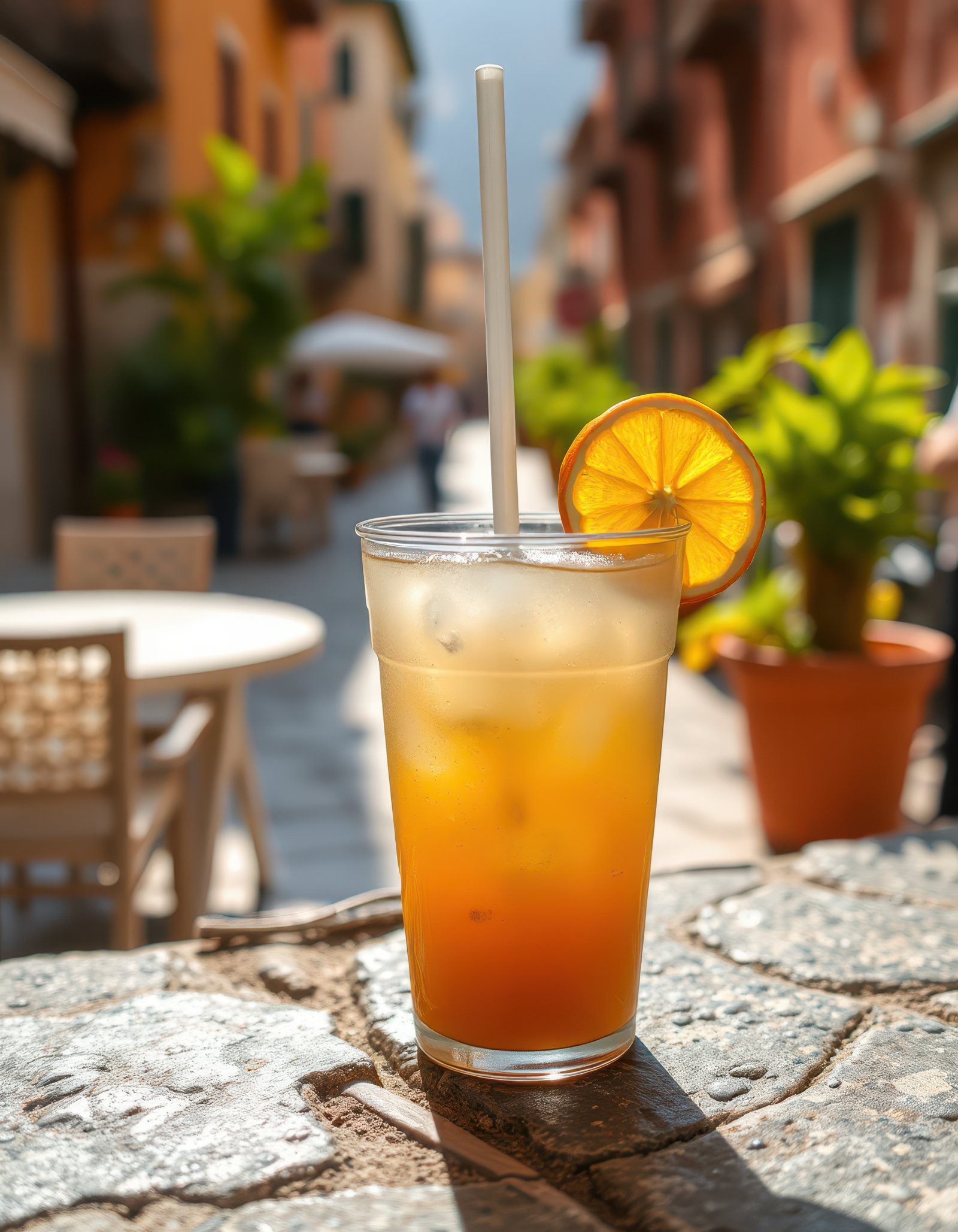 Refreshing beverage with a slice of orange on a sunny street in a quaint town